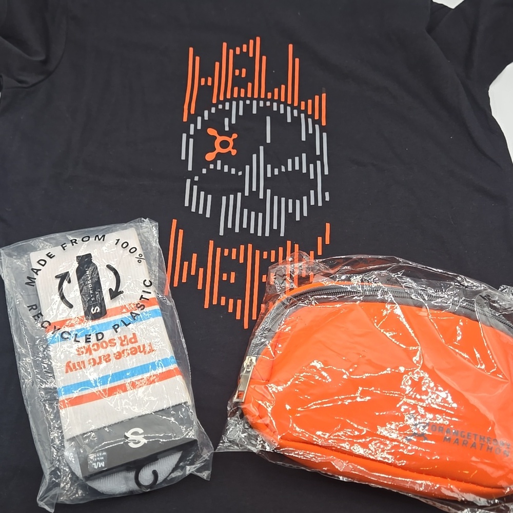 ORANGE THEORY BUNDLE NWT  Hell Week Skull T-Shirt PR Socks Belt Bag
